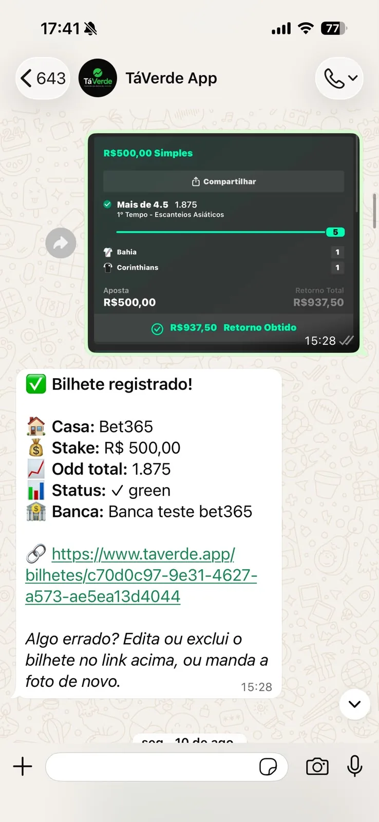 Conversa no WhatsApp: bilhete de R$ 500 registrado, com link para editar e a mensagem de que dá pra corrigir