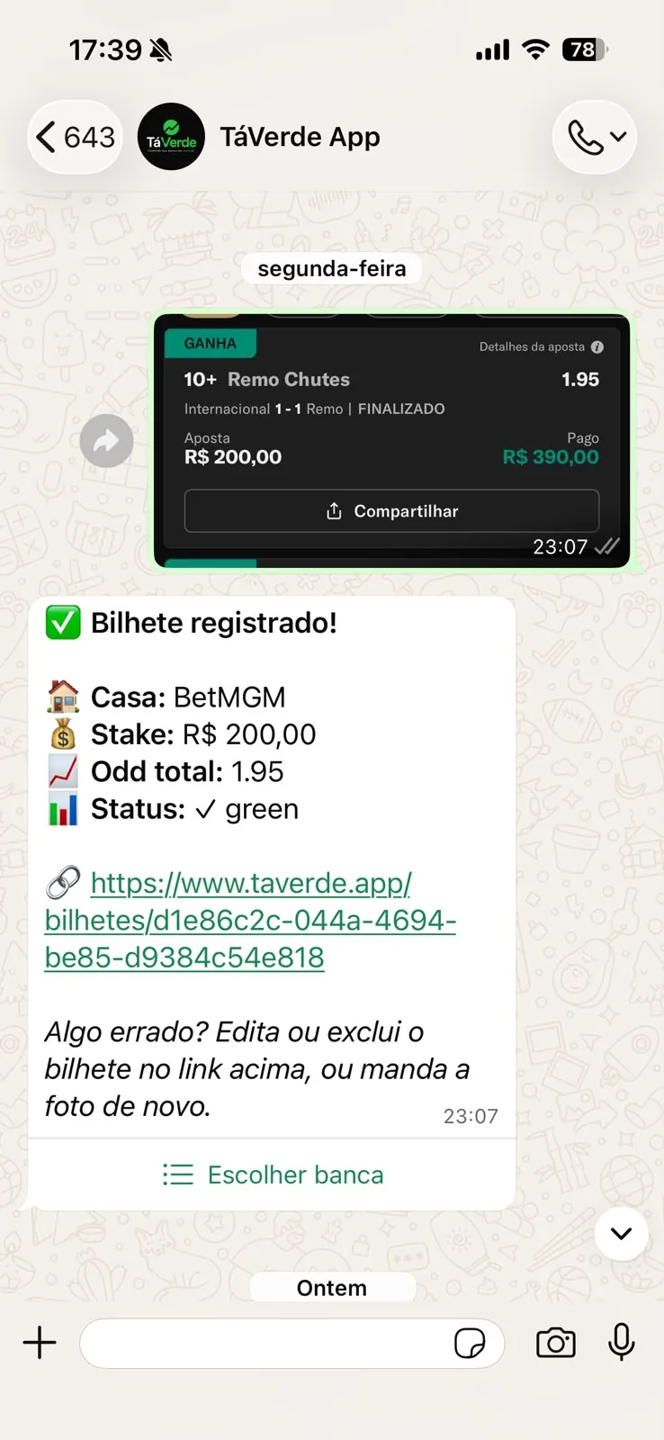 Conversa no WhatsApp: bilhete da BetMGM de R$ 200 registrado como green, com opção de escolher a banca